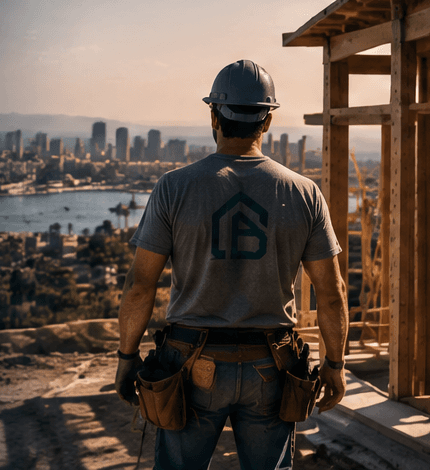 A contractor surveying a residential construction site with a home under construction.
